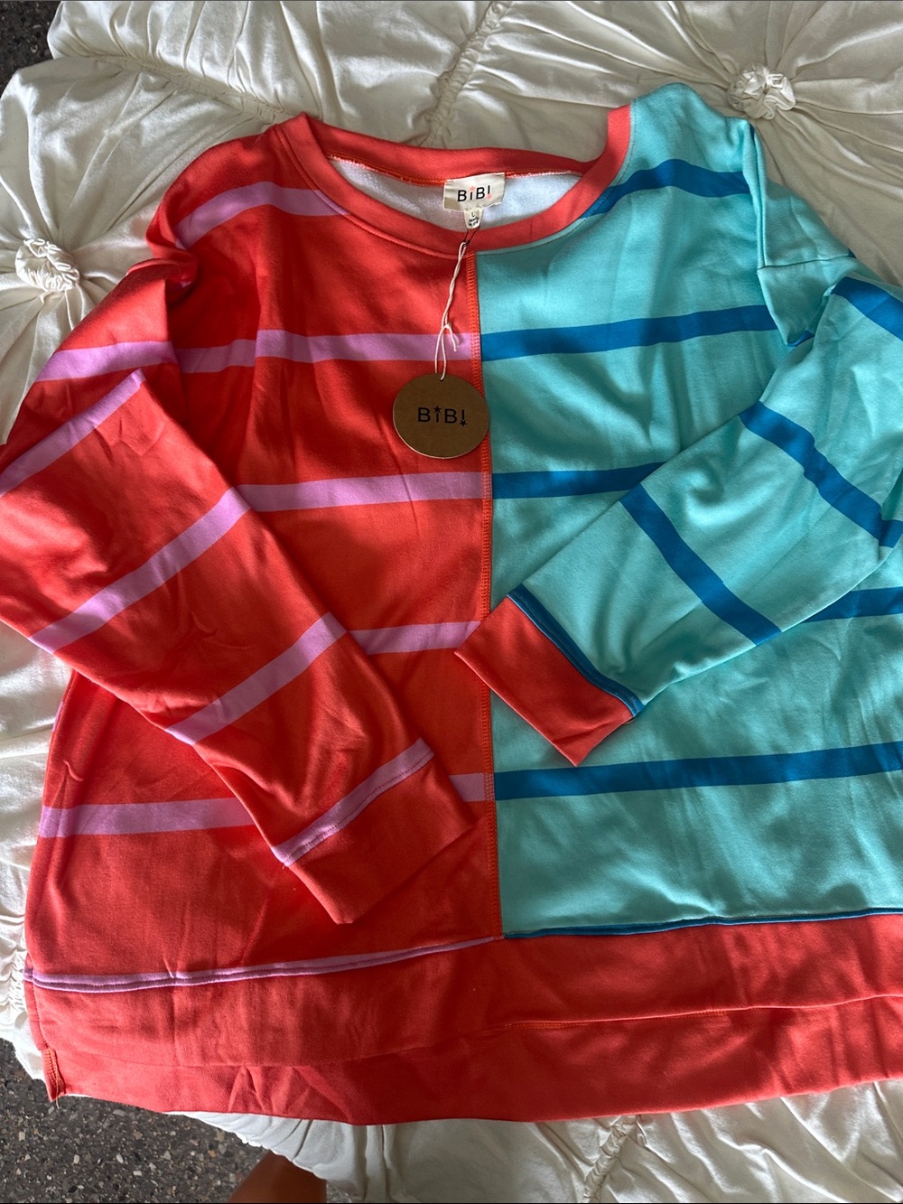BiBi Coral & Aqua Colorblock Stripe Sweatshirt